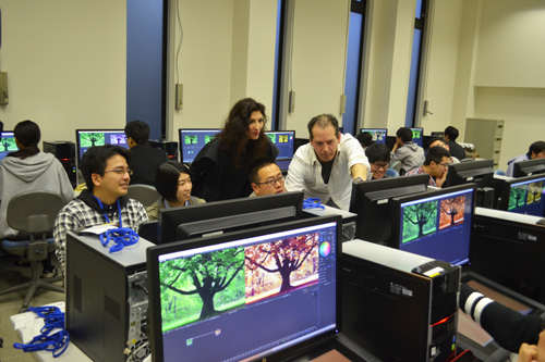 After the video is shot, editing is done utilizing compositing software and other tools.Ms. Kirill and Ms. Nitza carefully instructing from the basics at KCG Kamogawa School (Design College) on April 20.