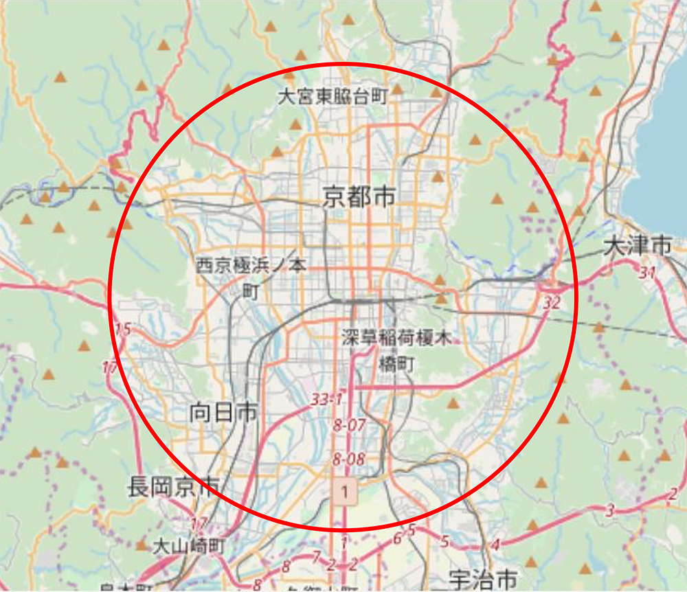 設置した高精度測位用基準局のカバー範囲（半径10km）