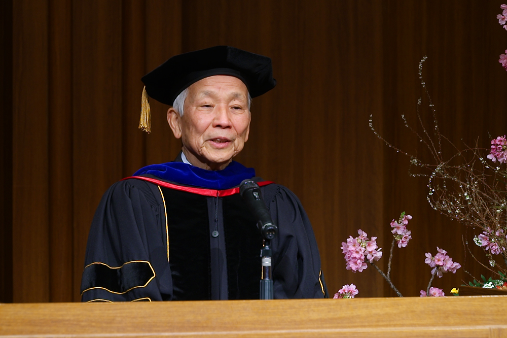 KCGI President Toshihide Ibaraki delivers his ceremonial address via video streaming