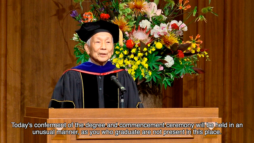 KCGI President Toshihide Ibaraki delivers his ceremonial address via video streaming