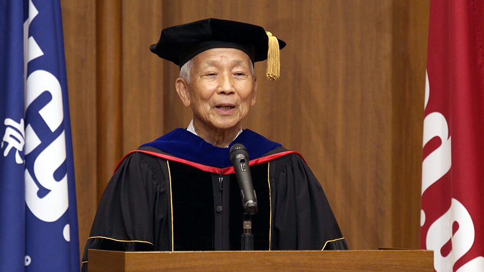 KCGI President Toshihide Ibaraki delivers his ceremonial address via video streaming