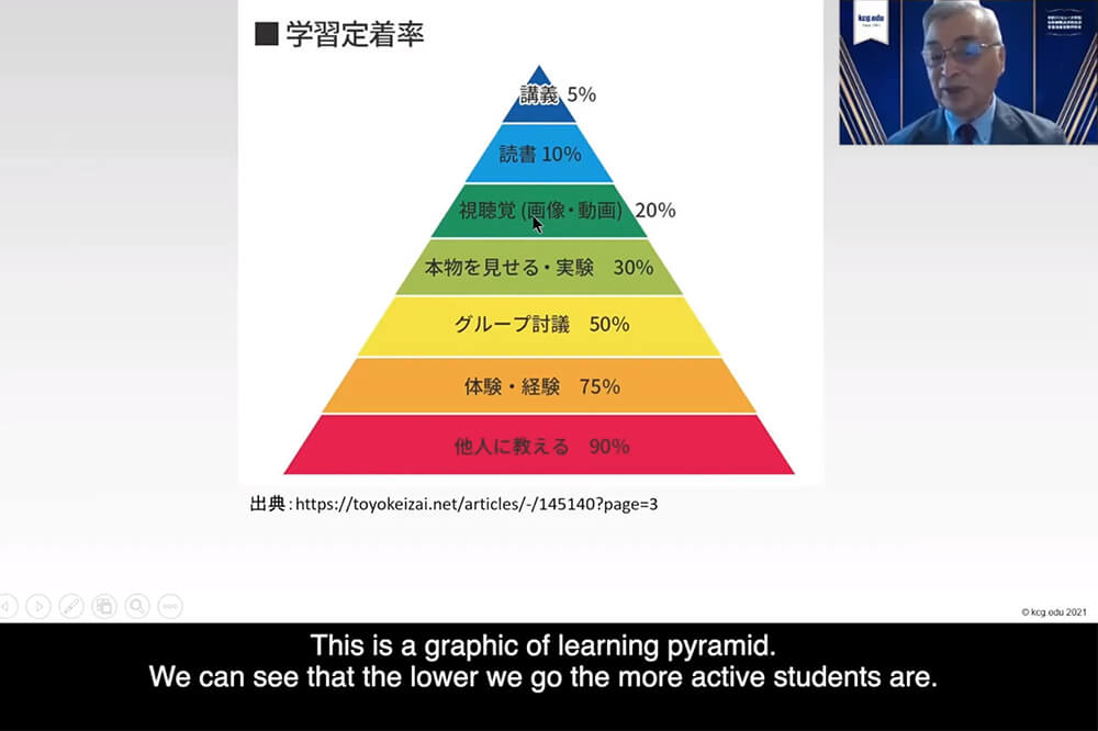 京都情報大学院大学(KCGI)の創立18周年記念式典で記念講演するKCGI副学長,高等教育・学習革新センター長の土持ゲーリー法一教授(画面右上部)