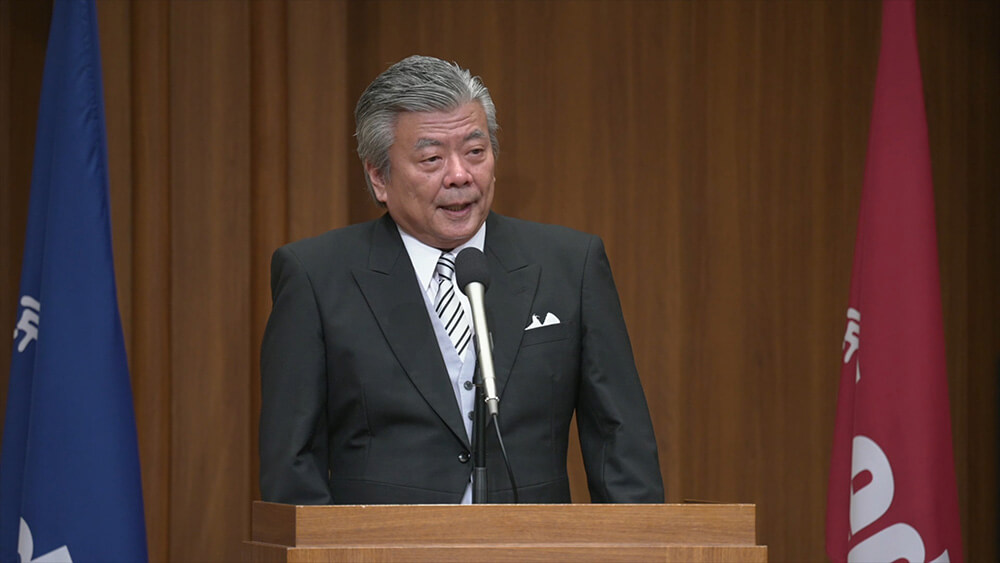 Wataru Hasegawa, KCG Group Chief Executive Officer, delivers his ceremonial address via video streaming.