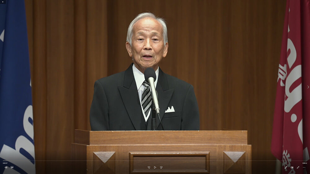 KCGI President Toshihide Ibaraki delivers his ceremonial address via video streaming