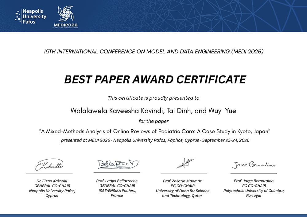 Certificate for the Best Paper Award received from the International Conference on Model and Data Engineering 2026 Organizing Committee